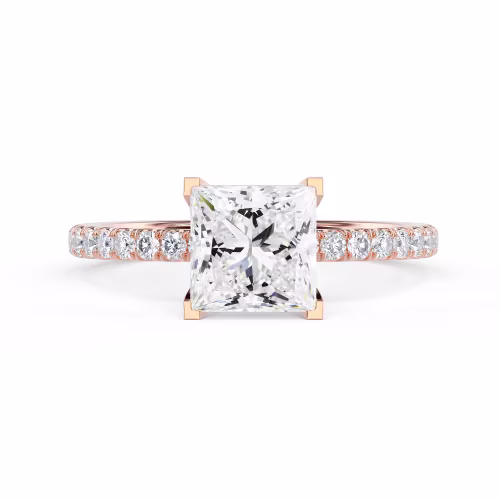 Rose Gold Princess Classic Four Prong Pavé Setting featuring Hand Selected Lab Diamonds (Main View)