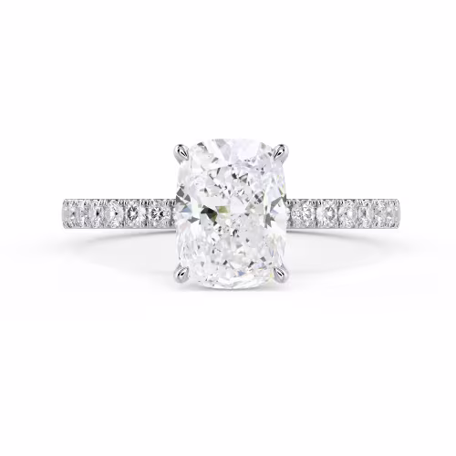 Created Diamonds Cushion Petite Four Prong Pavé Diamond Engagement Ring in White Gold (Main View)