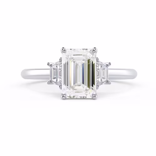 White Gold Emerald and Trapezoid Diamond Engagement Ring featuring Lab Created Diamonds (Main View)