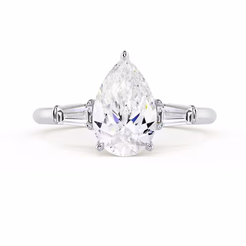 Exceptional Quality Lab Diamonds set in White Gold Pear and Baguette Diamond Engagement Ring (Main View)