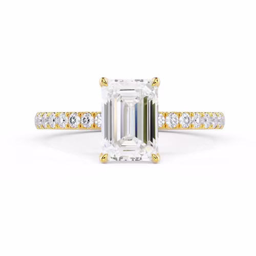 Exceptional Quality Lab Diamonds Emerald Classic Four Prong Pavé Diamond Engagement Ring in Yellow Gold (Main View)