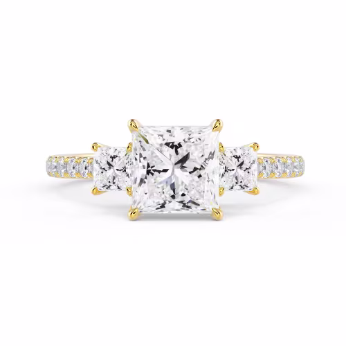 Yellow Gold Princess Three Stone Pavé Diamond Engagement Ring featuring Lab Diamonds (Main View)