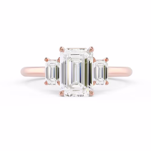 Hand Selected Diamonds set in Rose Gold Emerald Three Stone Diamond Engagement Ring (Main View)