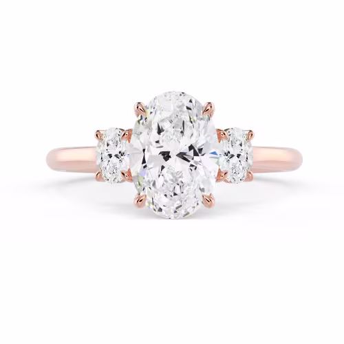 Hand Selected Man Made Diamonds set in Rose Gold Oval Three Stone Setting (Main View)