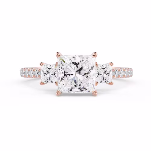Diamonds set in Rose Gold Princess Three Stone Pavé Setting (Main View)