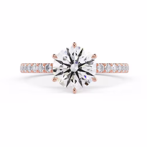 Exceptional Quality Man Made Diamonds set in Rose Gold Round Six Prong Pavé Diamond Engagement Ring (Main View)