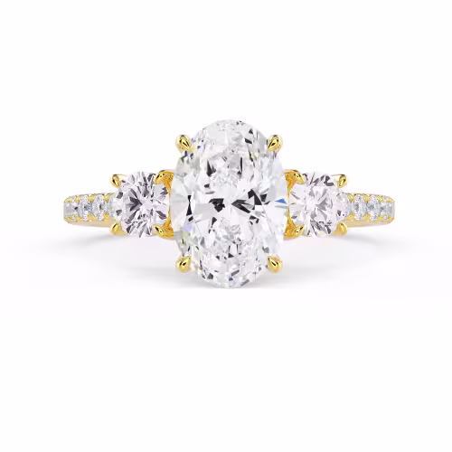 Yellow Gold Oval Three Stone Pavé Diamond Engagement Ring featuring Lab Diamonds (Main View)