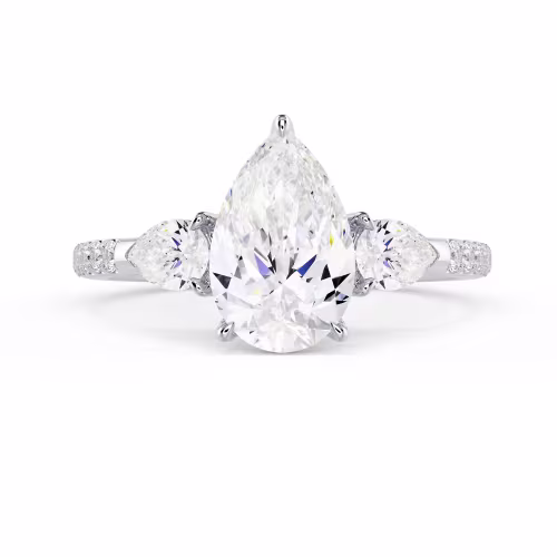 High Quality Synthetic Diamonds Pear Three Stone Pavé Setting in White Gold (Main View)