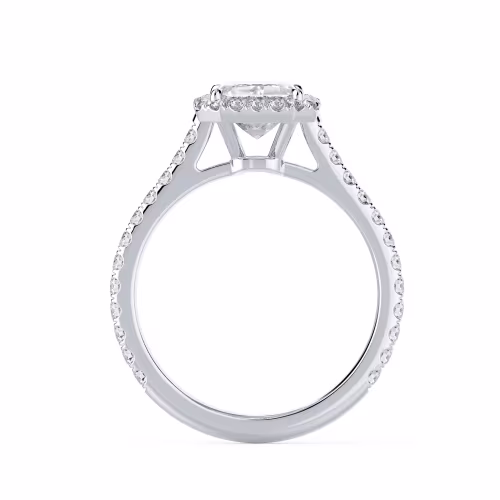 High Quality Synthetic Diamonds set in White Gold Emerald Halo Pavé Diamond Engagement Ring (Profile View)