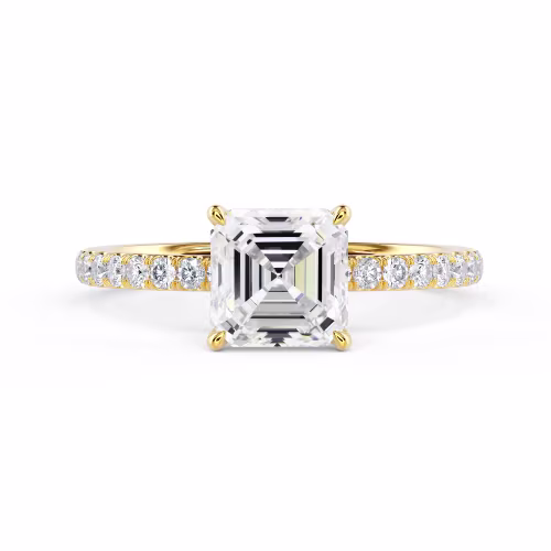 Diamonds Asscher Petite Four Prong Pavé Diamond Engagement Ring in Yellow Gold (Main View)