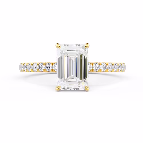 Synthetic Diamonds set in Yellow Gold Emerald Petite Four Prong Pavé Diamond Engagement Ring (Main View)