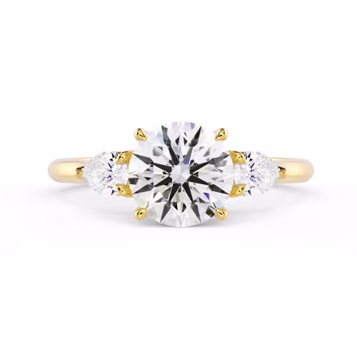 Yellow Gold Round and Pear Diamond Engagement Ring featuring Synthetic Diamonds (Main View)