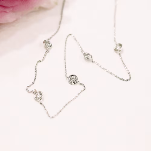 Round Man Made Diamonds set in White Gold Five Diamond Station Necklace