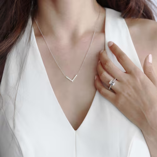 white gold v necklace with man made diamonds