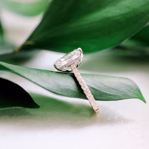 4.25 Carat Lab Diamonds set in Platinum & 14k Yellow Gold Radiant Cathedral Pavé Diamond Engagement Ring (Side View)