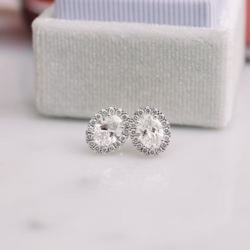 Hand Selected Man Made Diamonds set in White Gold Heavenly Halo Oval Studs (Main View)