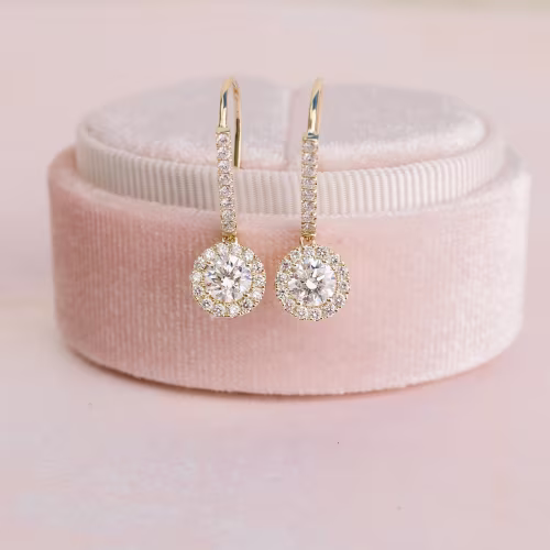 Exceptional Quality Round Man Made Diamonds set in Yellow Gold Single Halo Round Diamond Drop Earrings