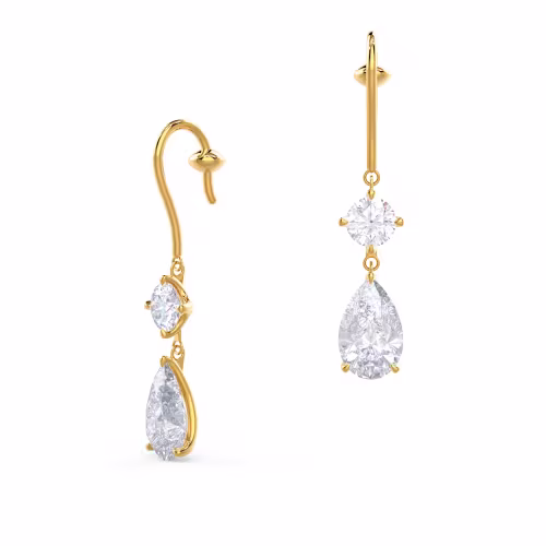 Exceptional Quality Man Made Diamonds set in Yellow Gold Round and Pear Diamond Duet Drop Earrings ()