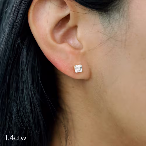 asscher cut stud earrings in 14k yellow gold metal made with laboratory grown diamonds ADA Diamond ad design number 288