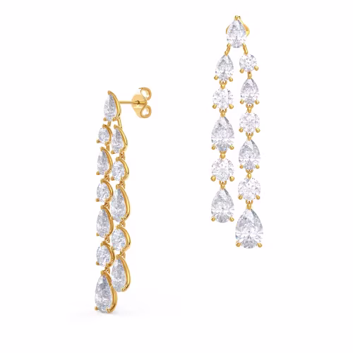Diamonds set in 14k Yellow Gold Round and Pear Two Strand Chandelier Earrings ()