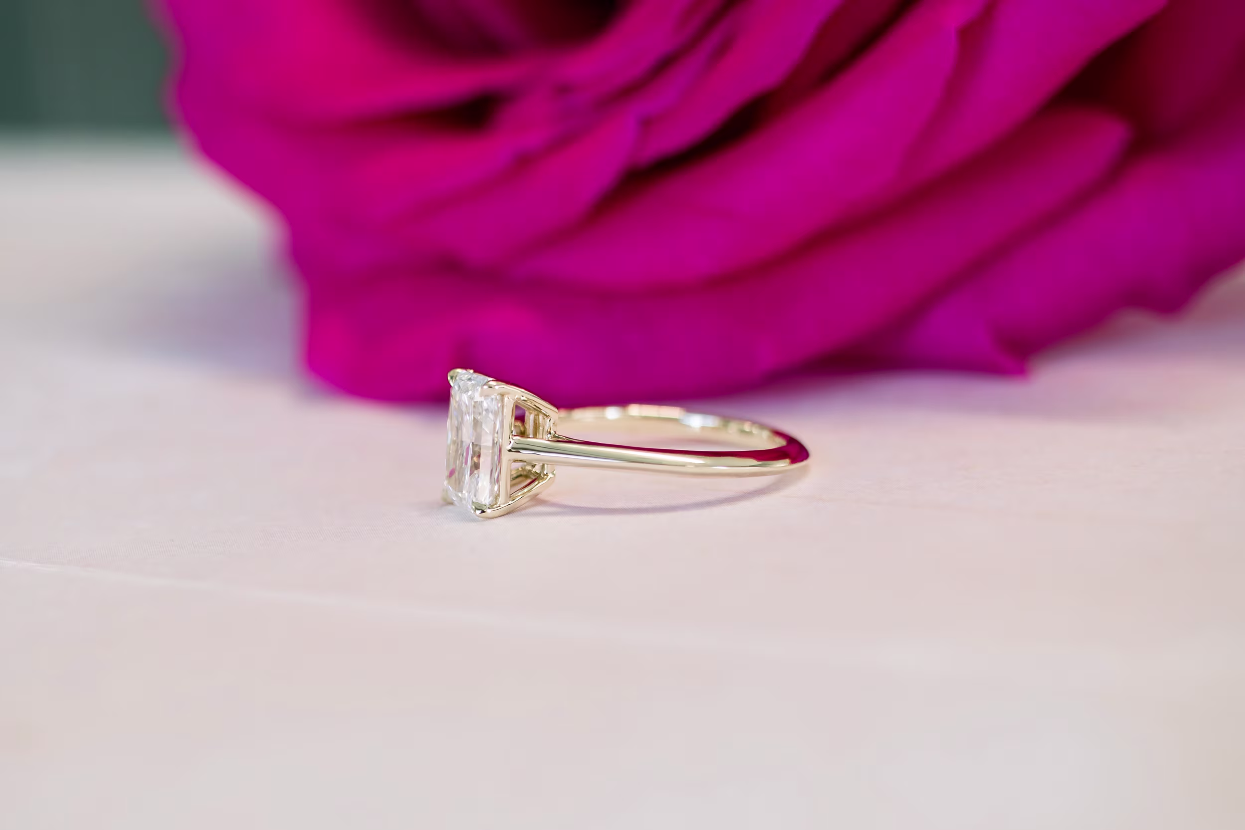 Yellow Gold Radiant Cathedral Solitaire Diamond Engagement Ring featuring 2.0 ct Created Diamonds (Side View)