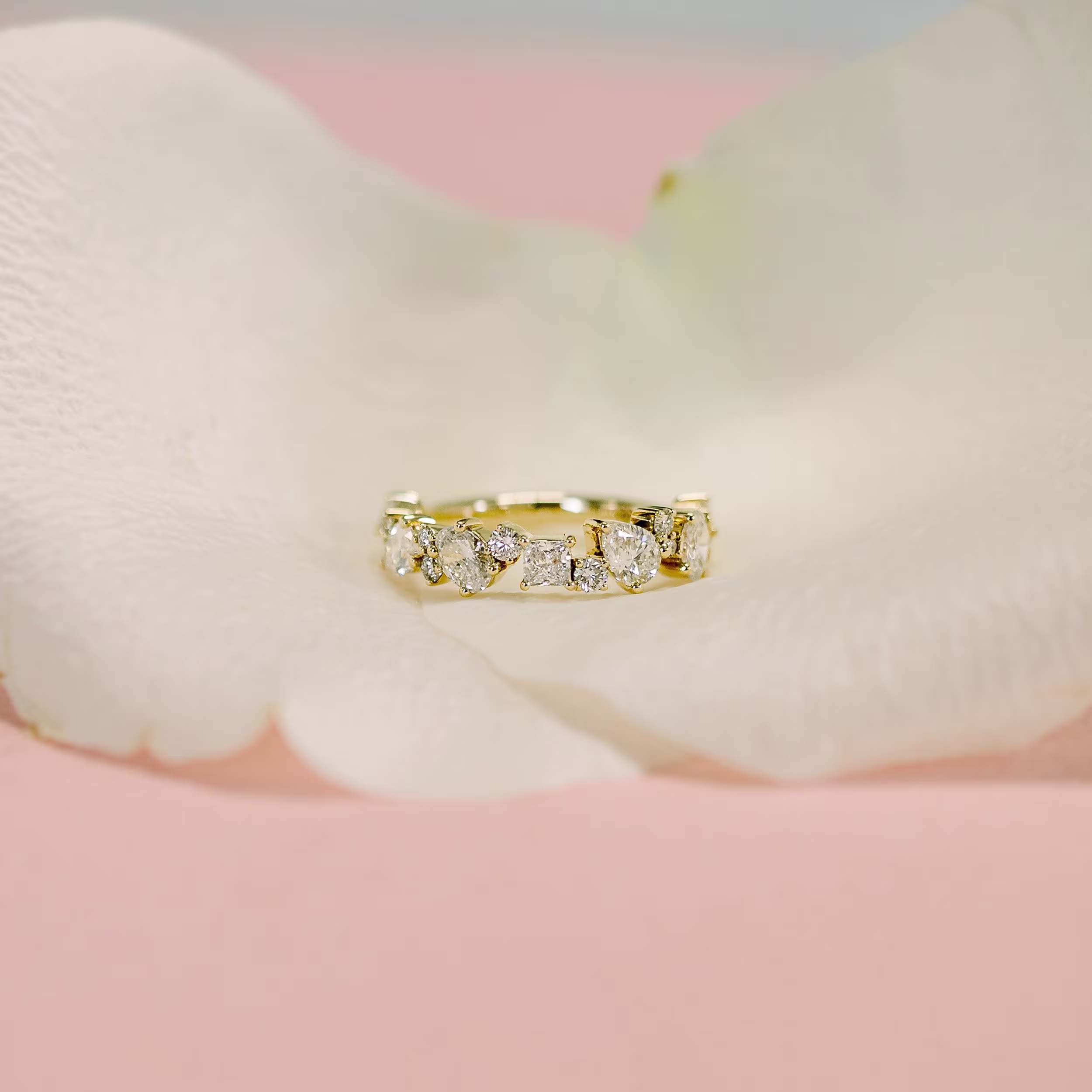 yellow gold multi shape lab diamond wedding band with oval, pear, and princess cuts ada diamonds design ad 272