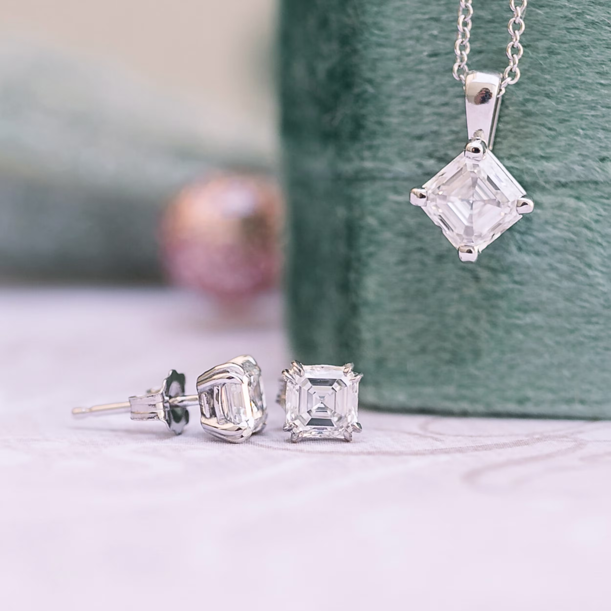 Platinum Asscher Stud Earrings featuring 1.0 Carat Man Made Diamonds (Main View)