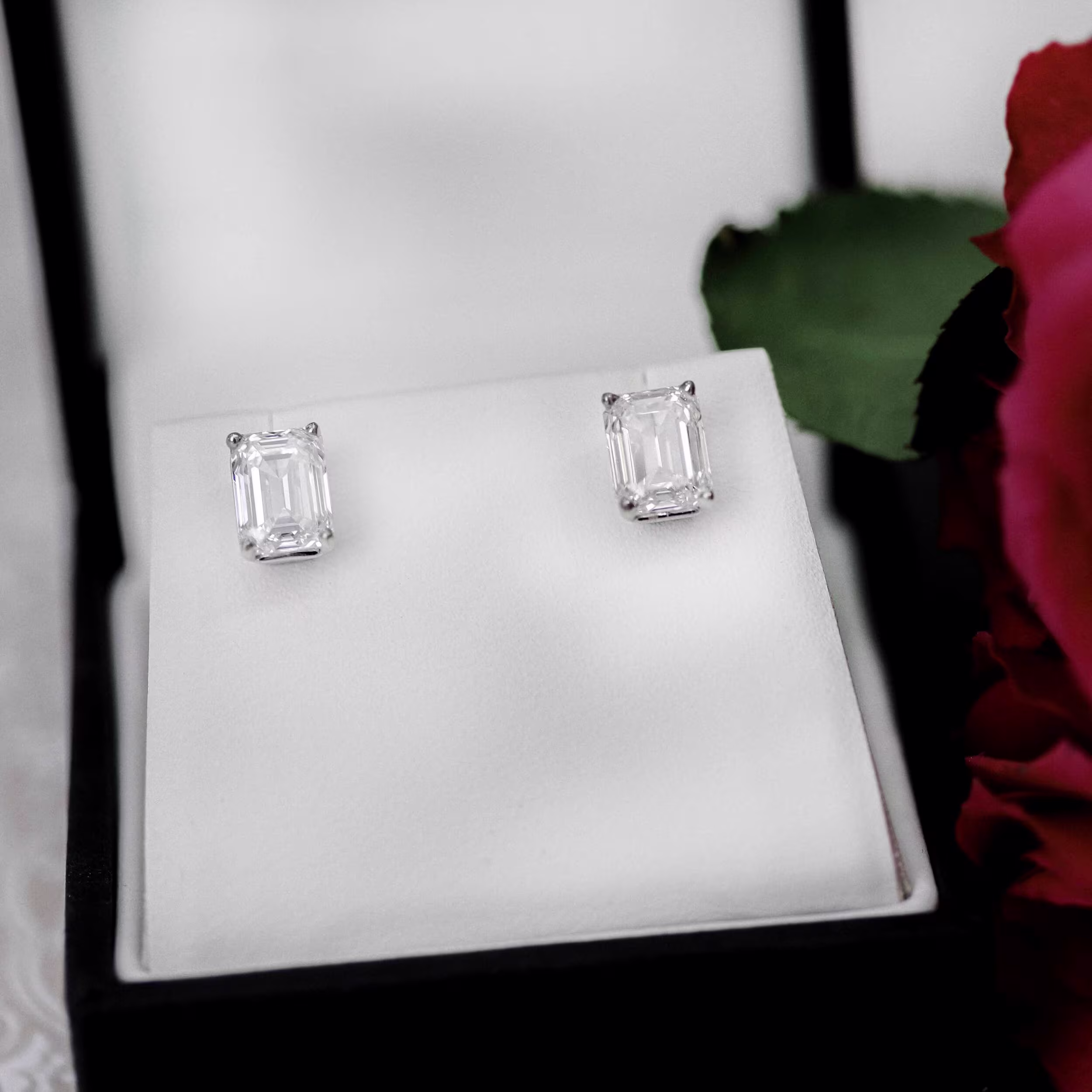 Diamonds set in 14k White Gold Emerald Cut Stud Earrings (Main View)