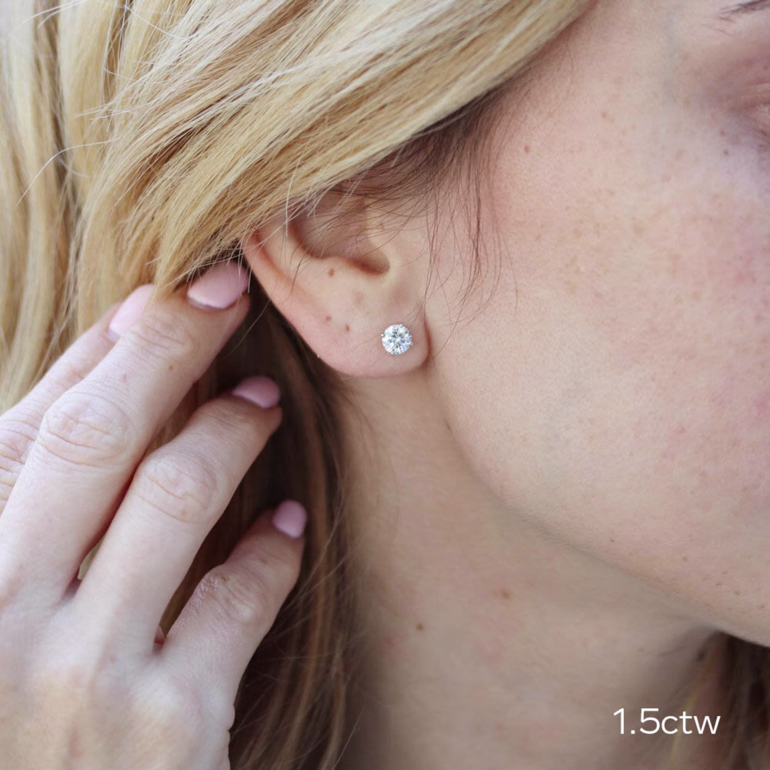 1.5ct white gold stud earrings on model with lab diamonds