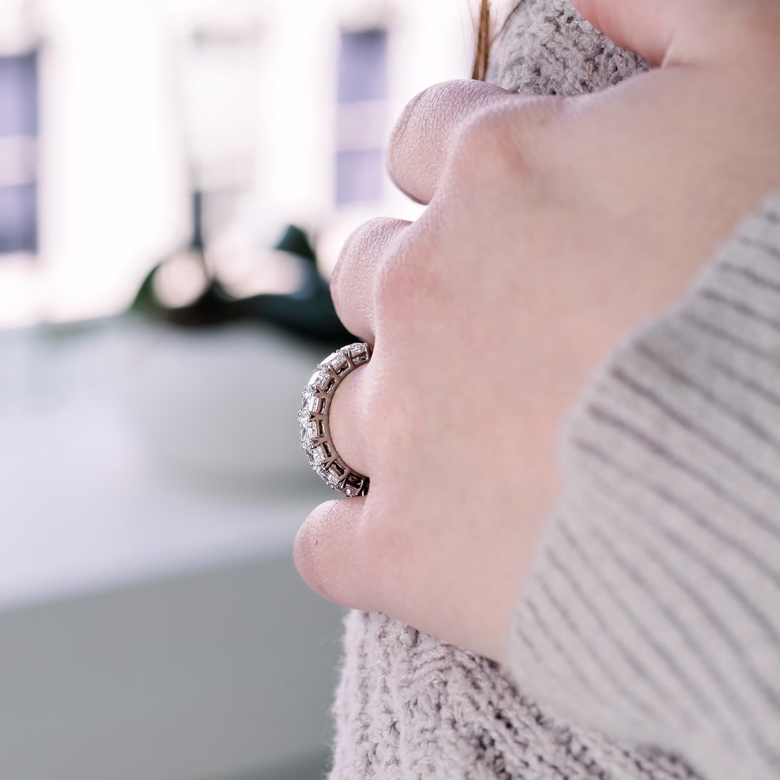 High Quality 4.4 Carat Lab Diamonds set in 18 Karat White Gold Radiant Eternity Band (Side View)