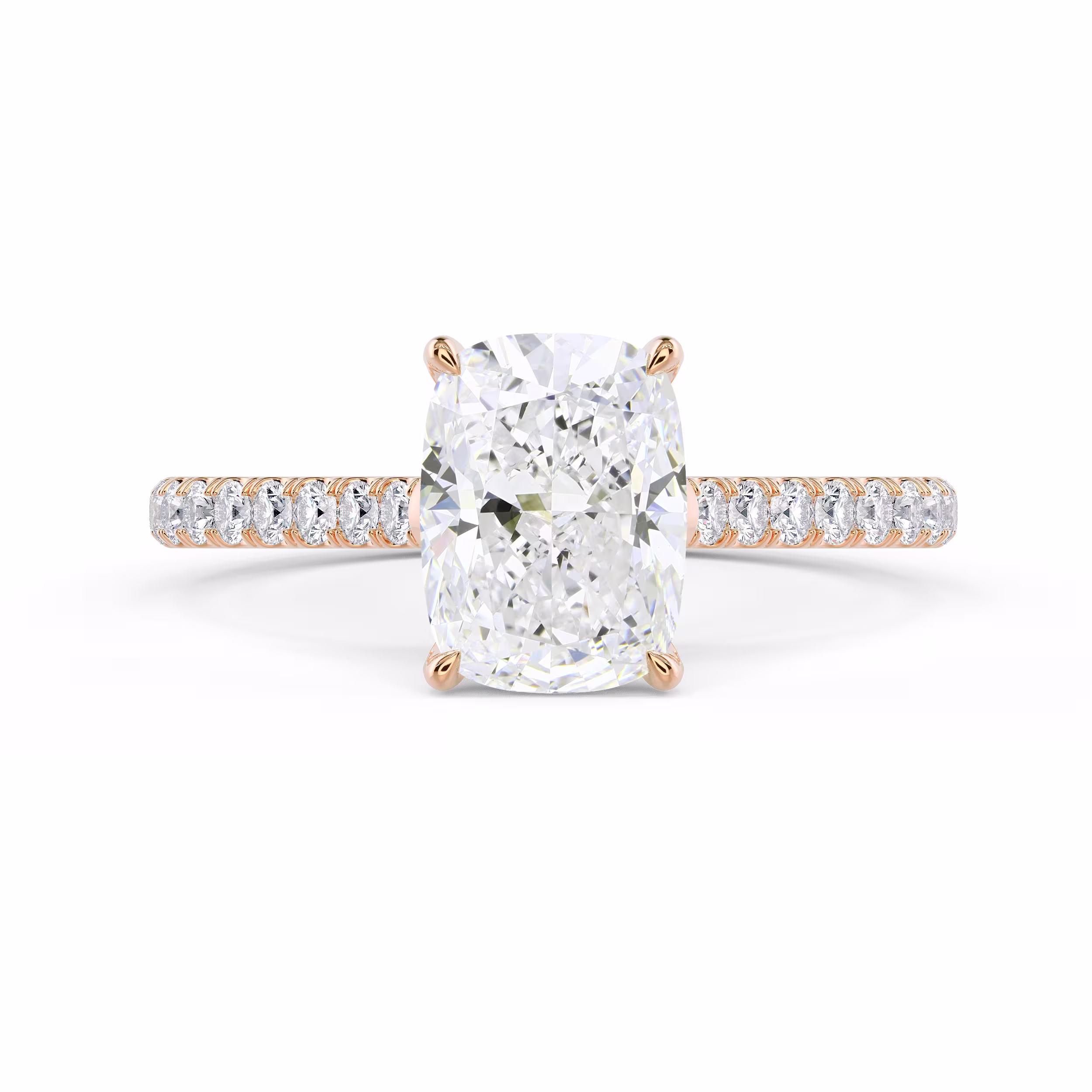 Diamonds set in Rose Gold Cushion Cathedral Pavé Setting (Main View)