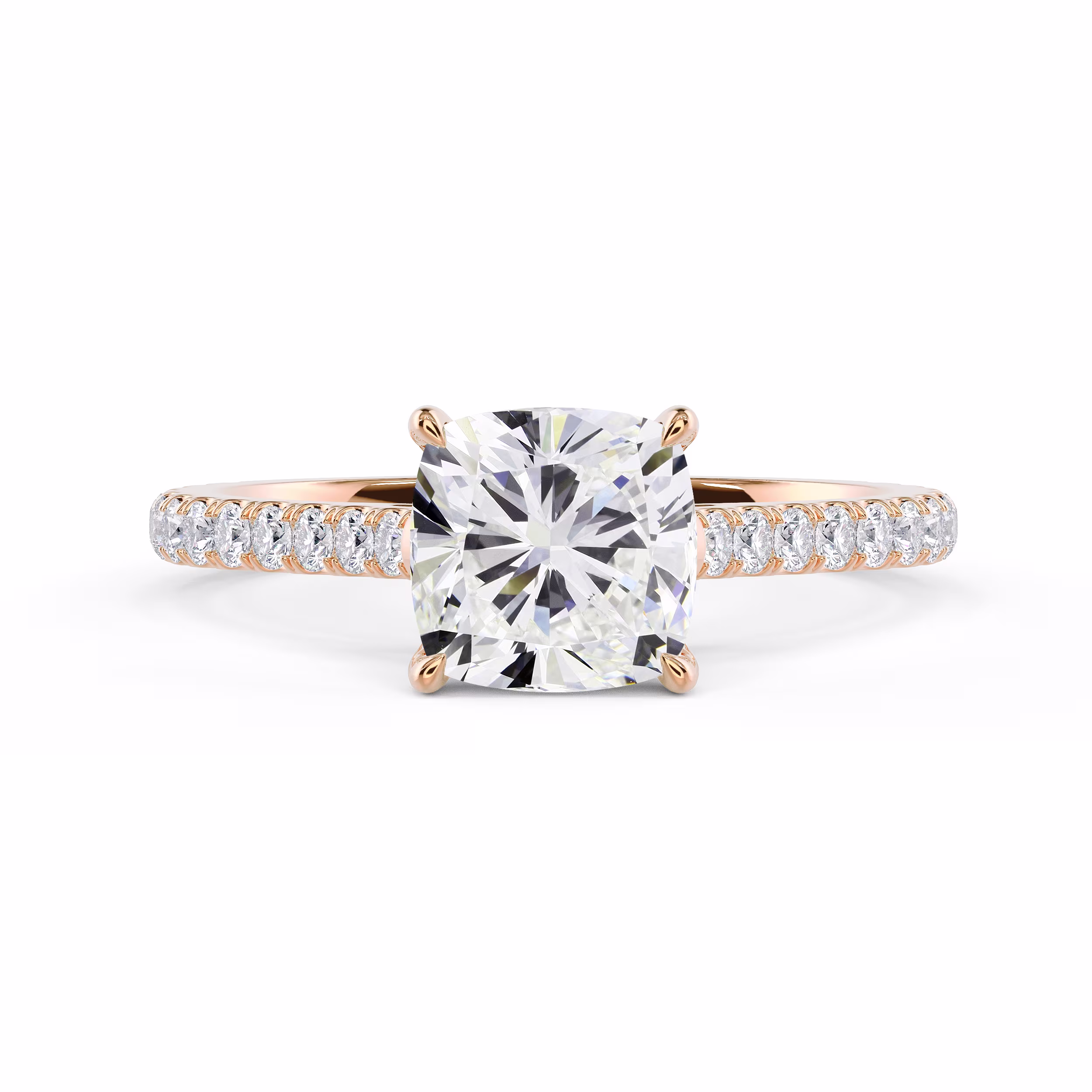 Lab Diamonds set in Rose Gold Cushion Cathedral Pavé Diamond Engagement Ring (Main View)
