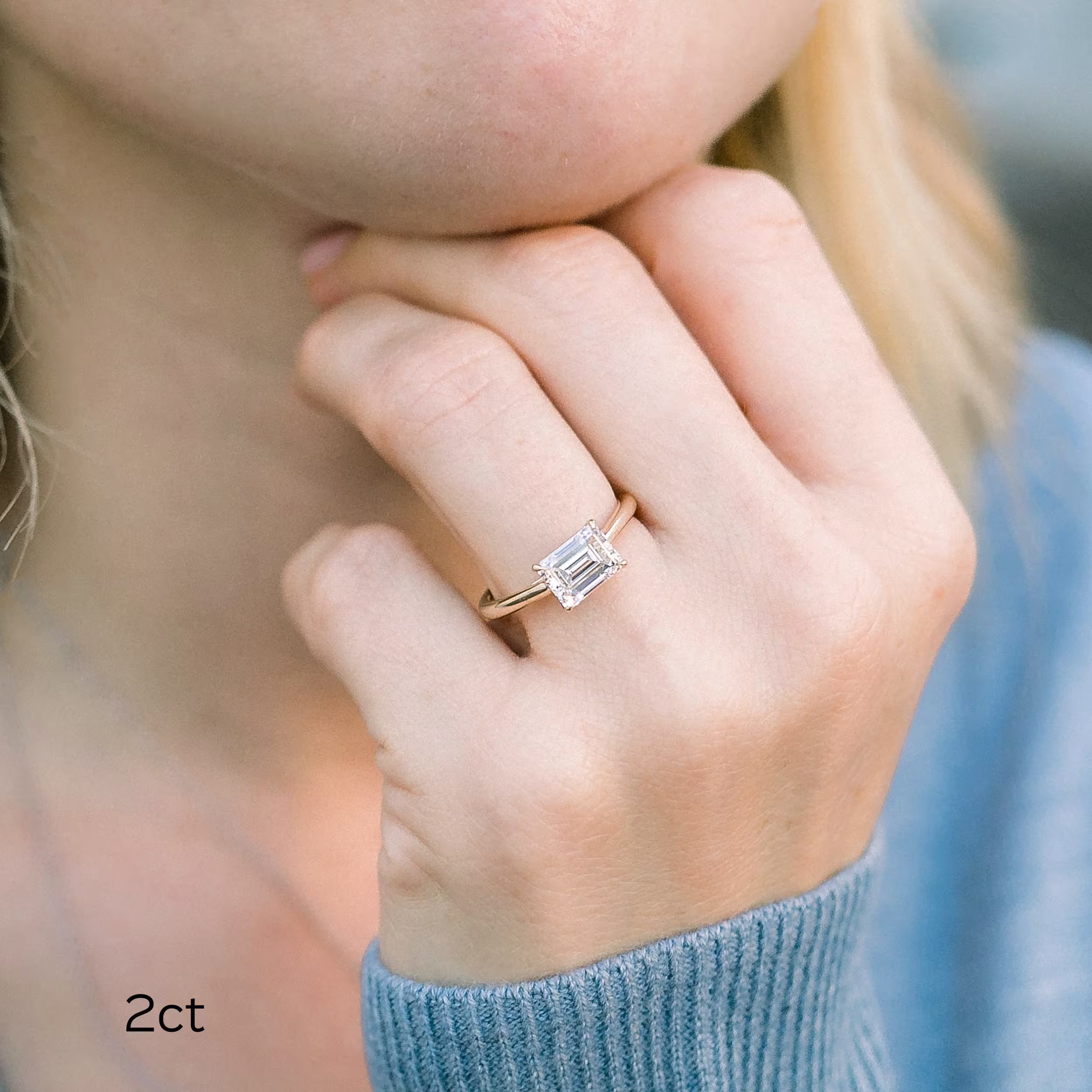 Yellow Gold Emerald East-West Solitaire Diamond Engagement Ring featuring 2.0 Carat Created Diamonds (Main View)