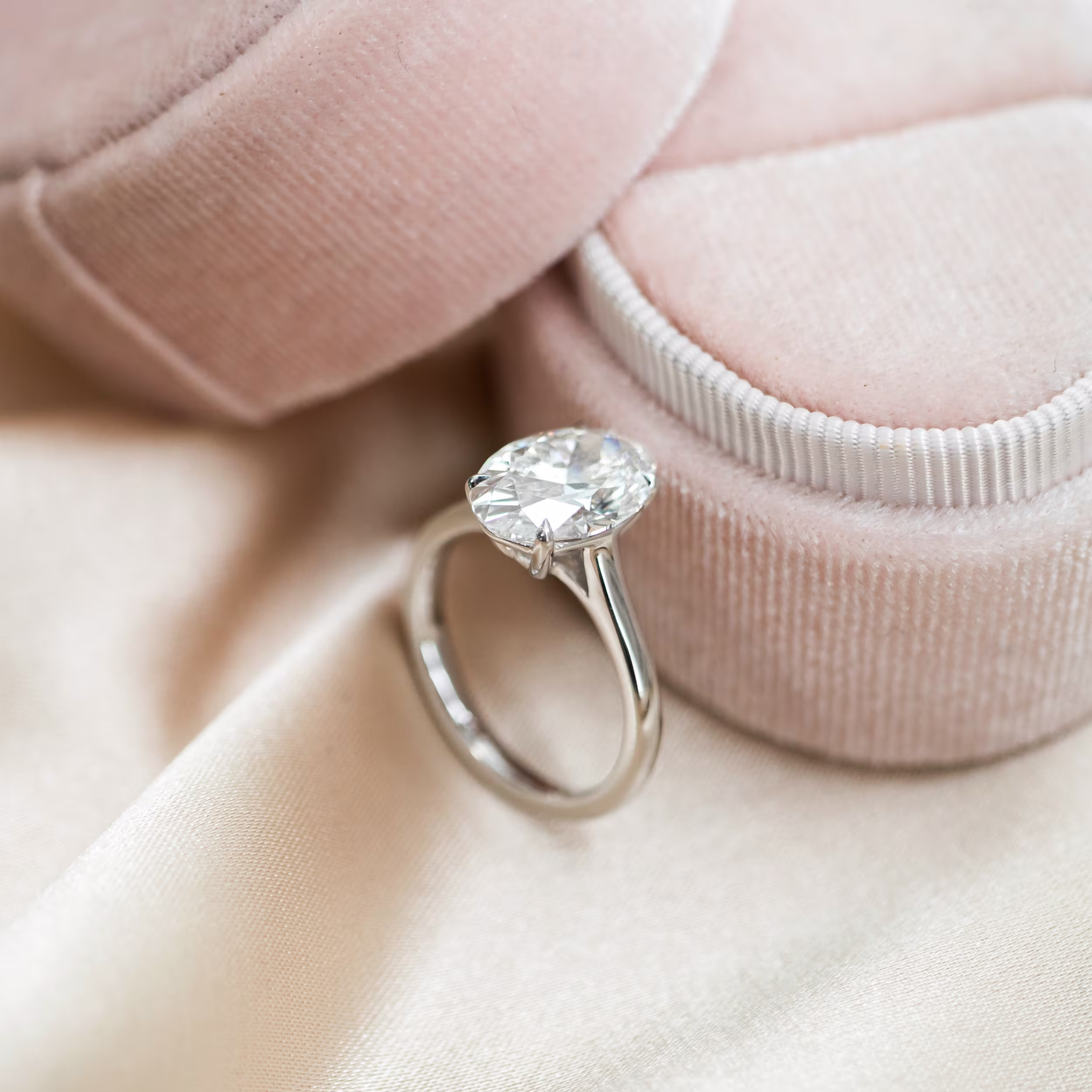 3.0 Carat Lab Diamonds set in Platinum Oval Cathedral Solitaire Diamond Engagement Ring (Side View)
