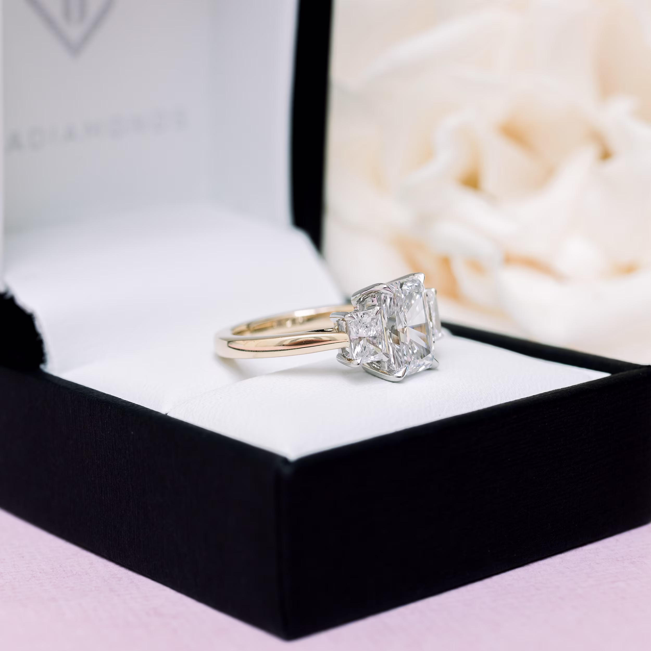 High Quality 2.0 Carat Lab Diamonds Radiant Three Stone Diamond Engagement Ring in Platinum & Yellow Gold (Side View)