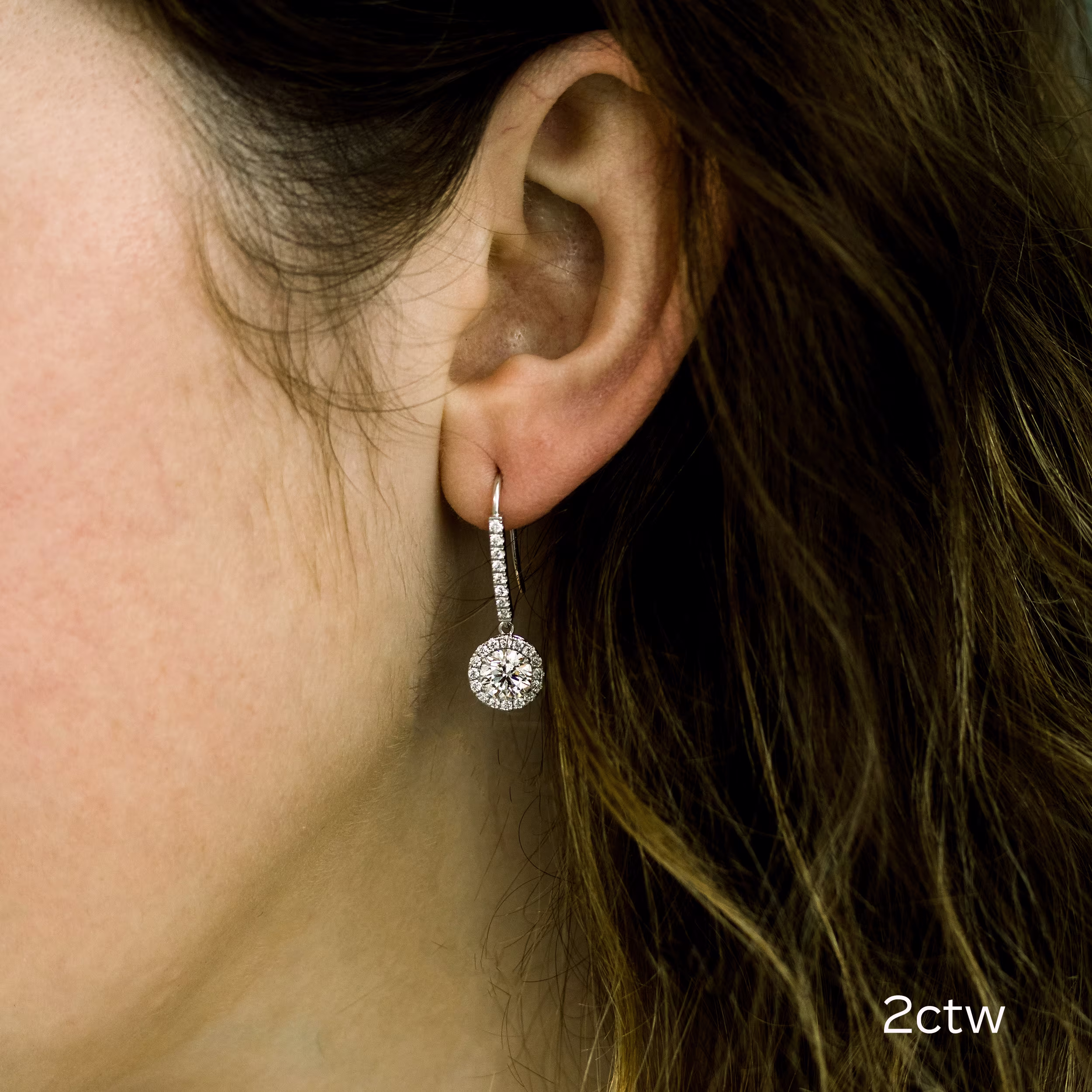 2.0 ctw Round Brilliant Lab Diamonds set in 18k White Gold 2ctw Single Halo Round Diamond Drop Earrings in 18k White Gold (Main View)