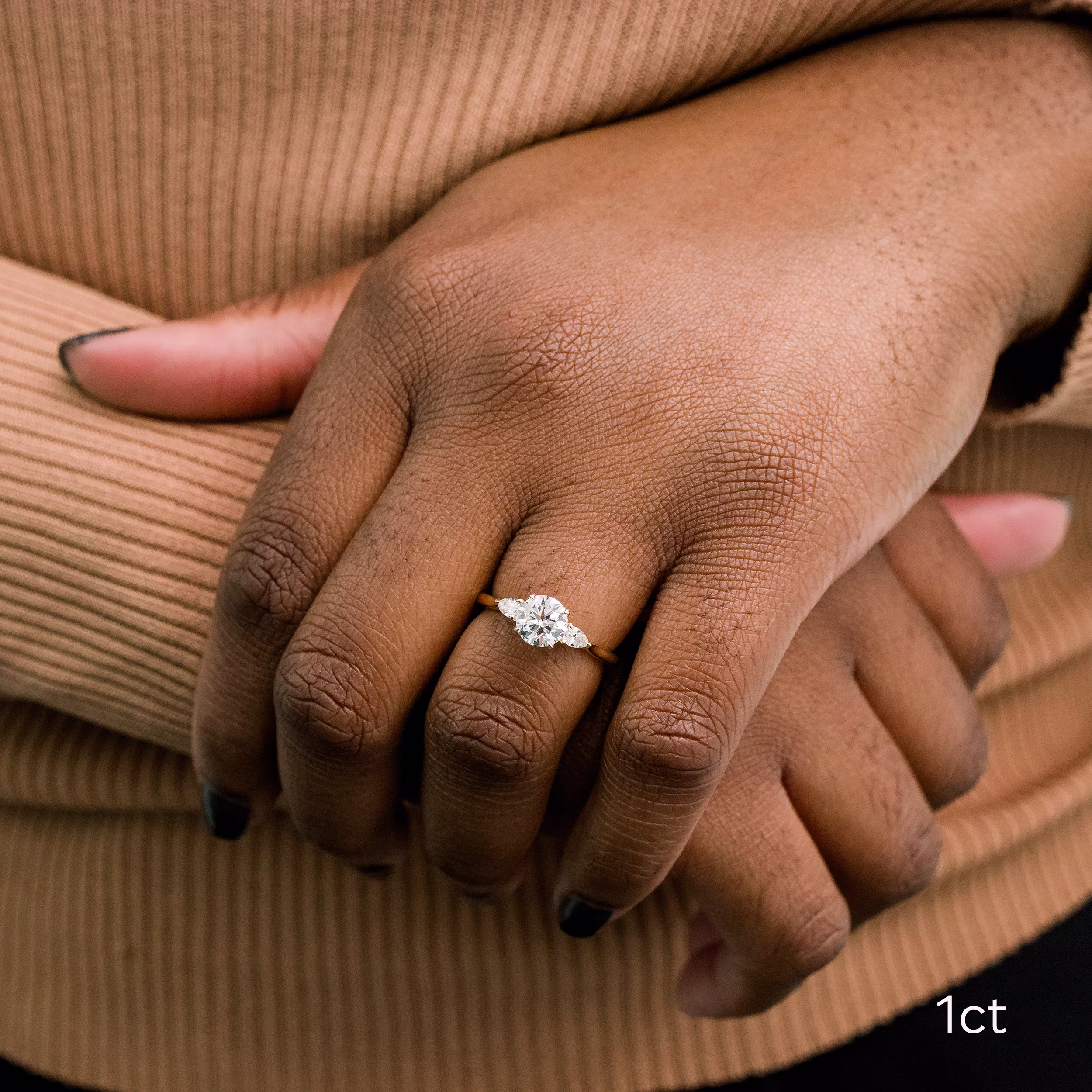 1.0 Carat Man Made Diamonds set in Yellow Gold Round and Pear Diamond Engagement Ring (Main View)
