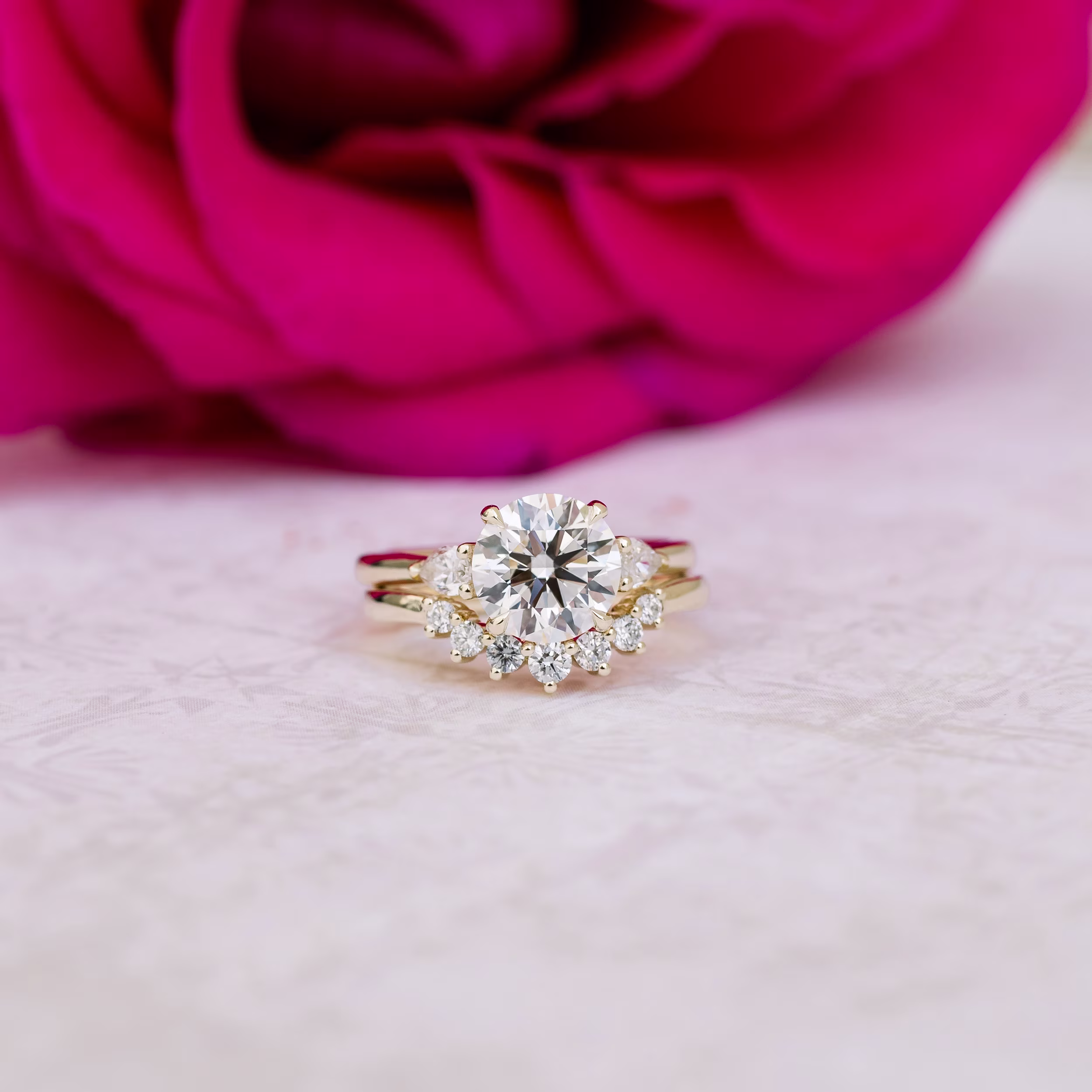 Yellow Gold Round and Pear Diamond Engagement Ring featuring 1.75 ct Lab Created Diamonds (Main View)