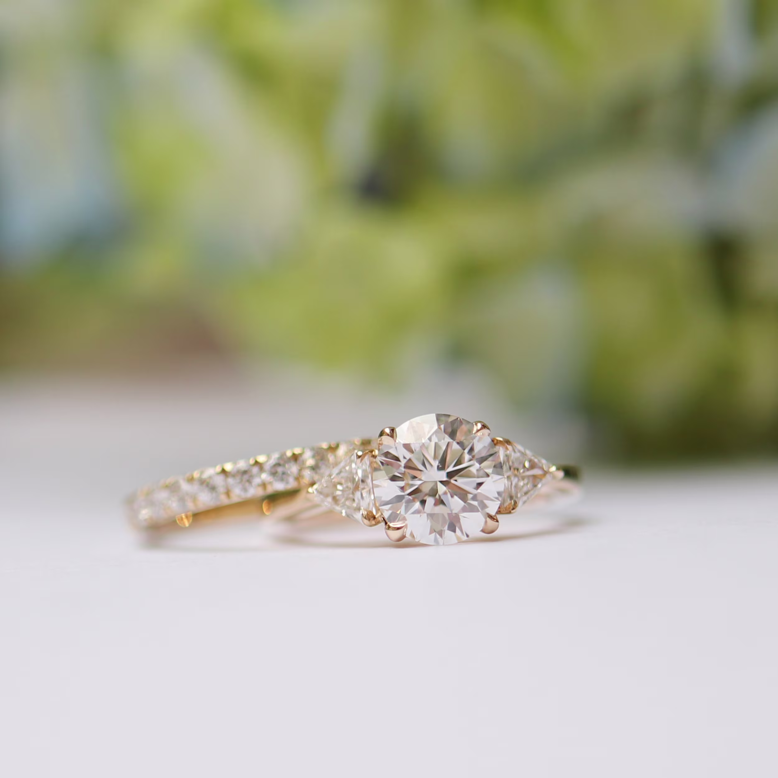 Yellow Gold Round and Trillion Setting featuring 1.5 Carat Lab Diamonds (Main View)