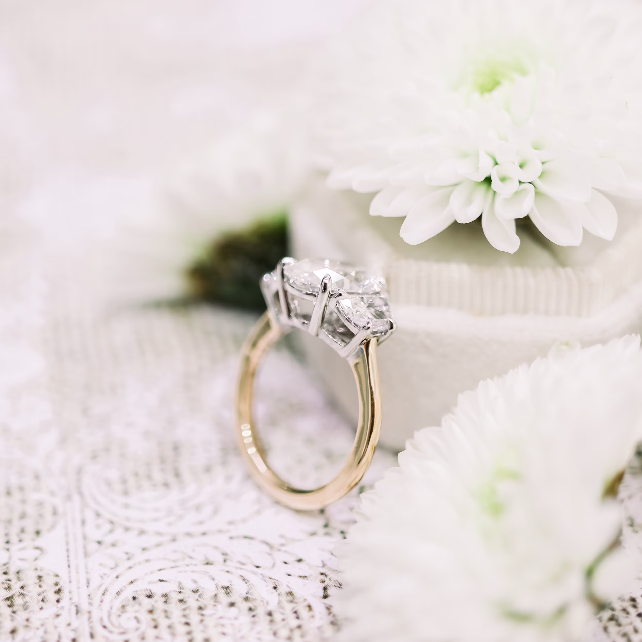 2.25 Carat Man Made Diamonds set in Platinum & Yellow Gold Oval and Half Moon Diamond Engagement Ring (Profile View)