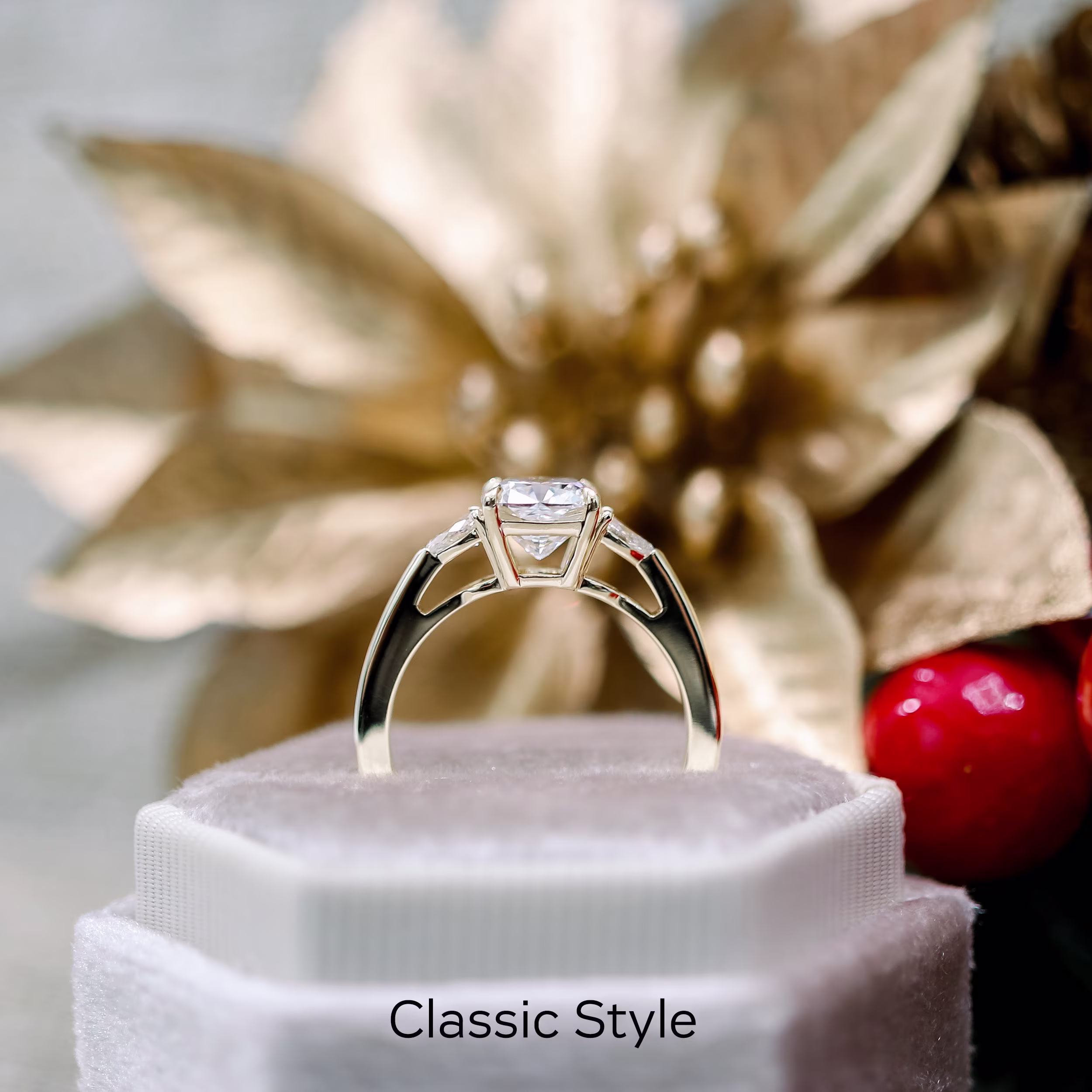 Yellow Gold Cushion and Pear Diamond Engagement Ring featuring 1.5 Carat Lab Grown Diamonds (Profile View)