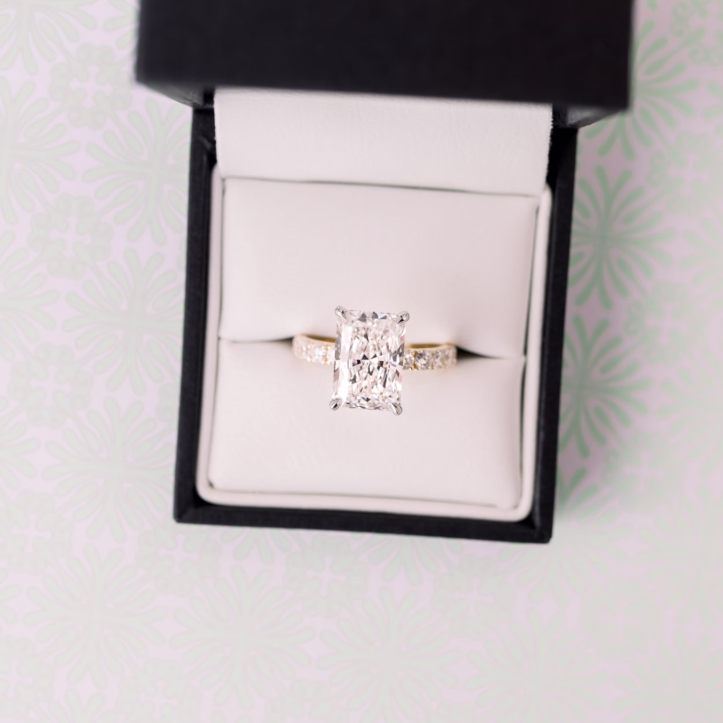 Hand Selected 3.75 ctw Diamonds set in Platinum & Yellow Gold Radiant Petite Four Prong Pavé Diamond Engagement Ring (Main View)