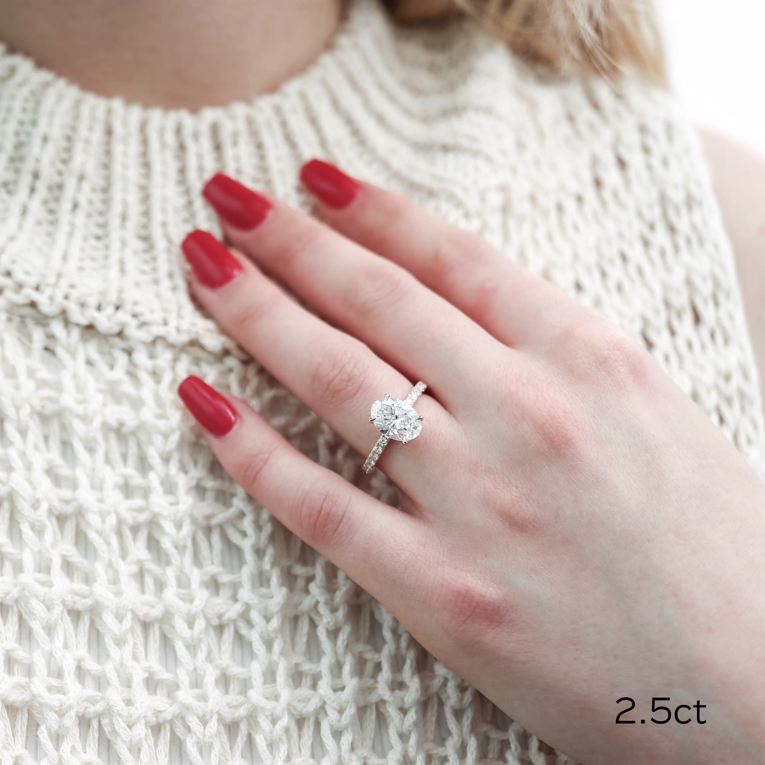 Yellow Gold Oval Classic Four Prong Pavé Diamond Engagement Ring featuring 2.5 ctw Lab Diamonds (Main View)