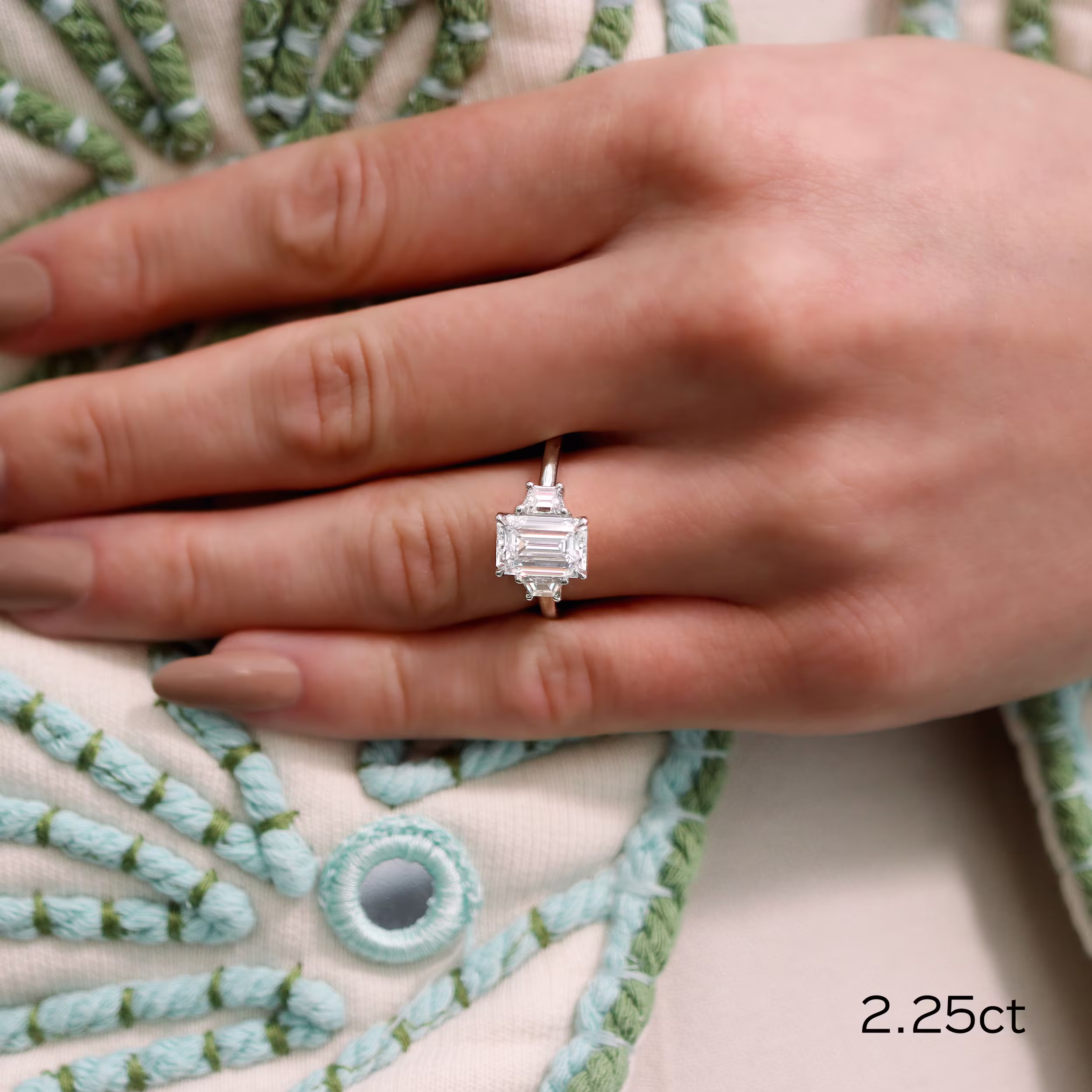 Platinum Emerald and Trapezoid Diamond Engagement Ring featuring 2.25 ctw Diamonds (Main View)