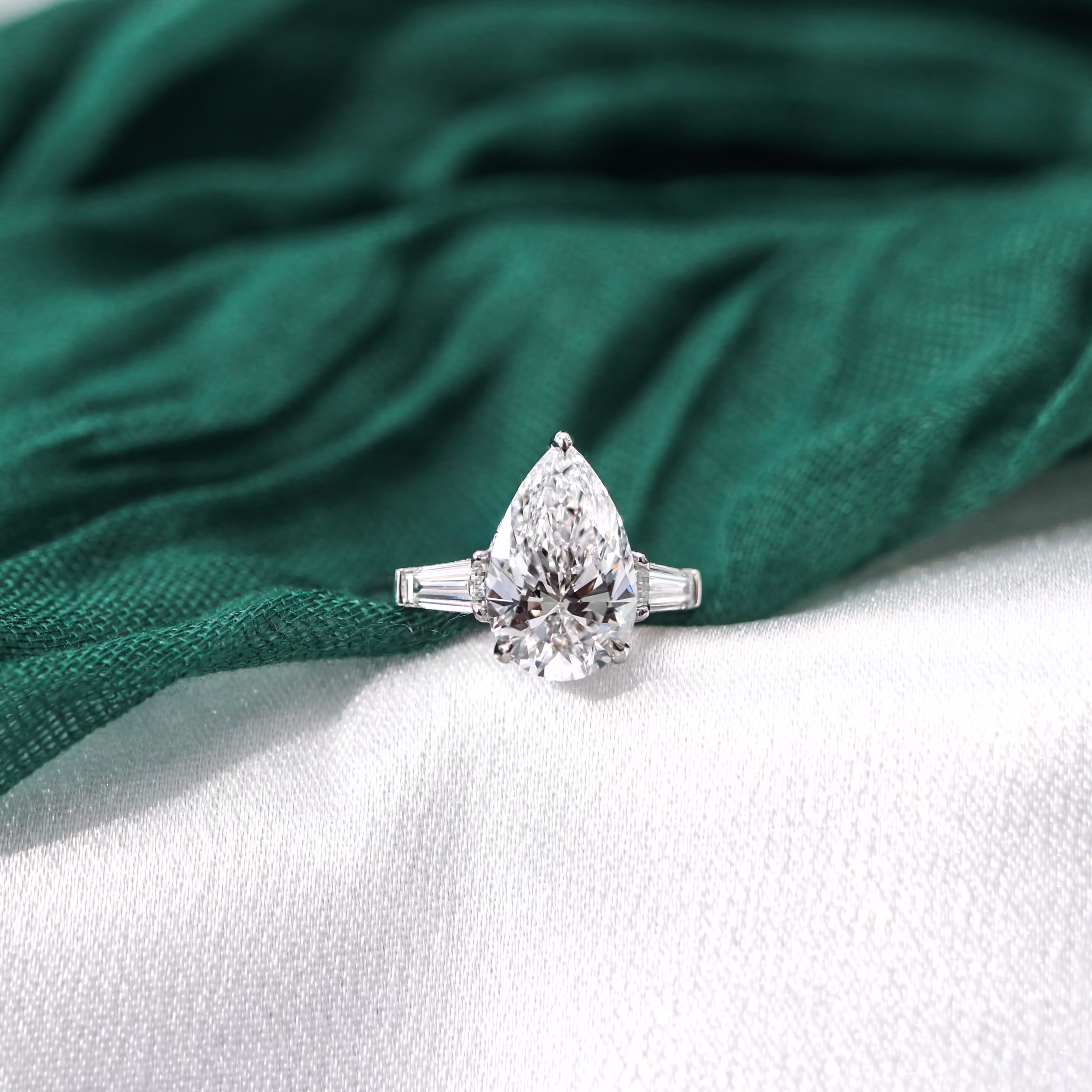 3.75 Carat Lab Diamonds Pear and Baguette Diamond Engagement Ring in Platinum (Main View)