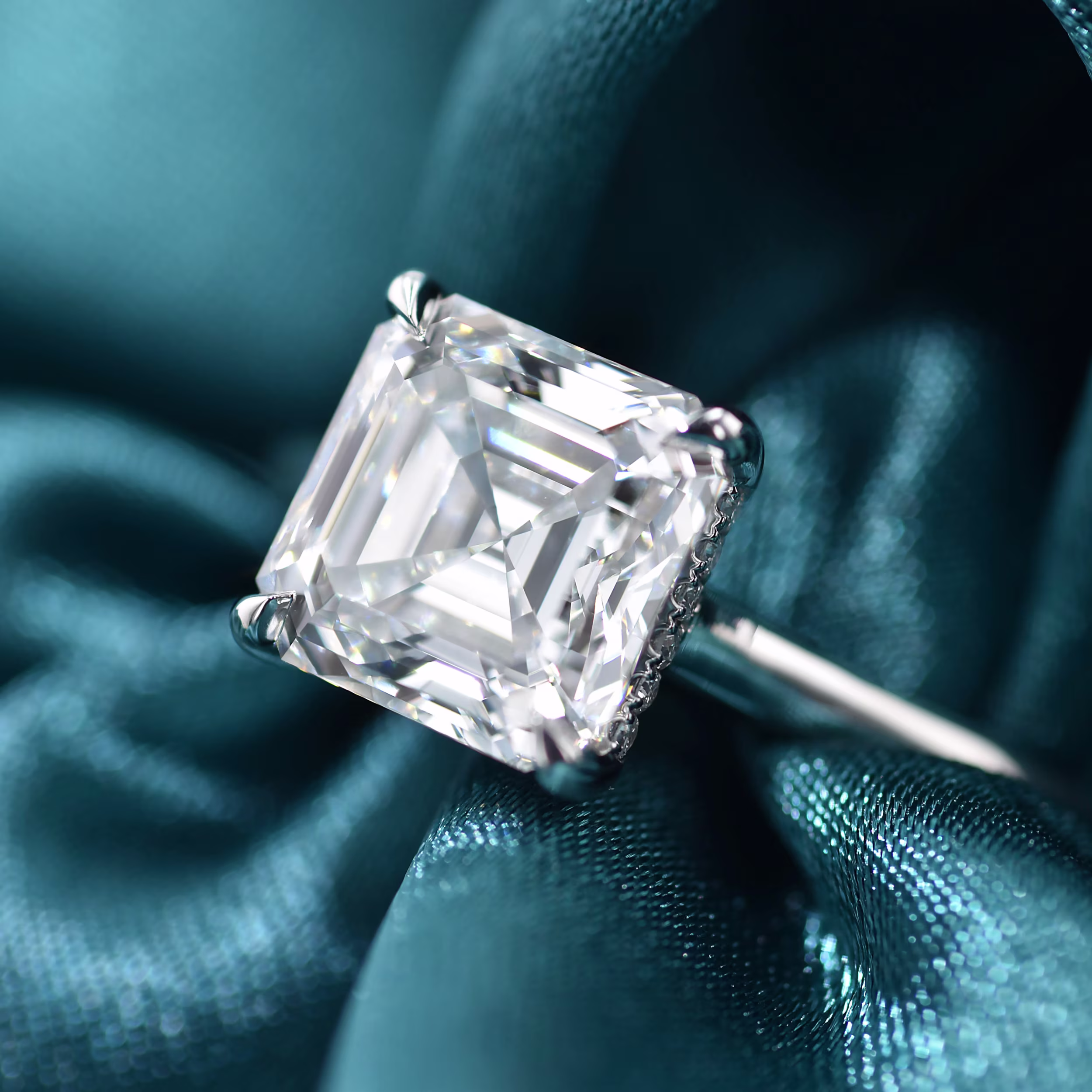 2.75 ct Synthetic Diamonds set in Platinum Asscher Trellis Solitaire (Side View)