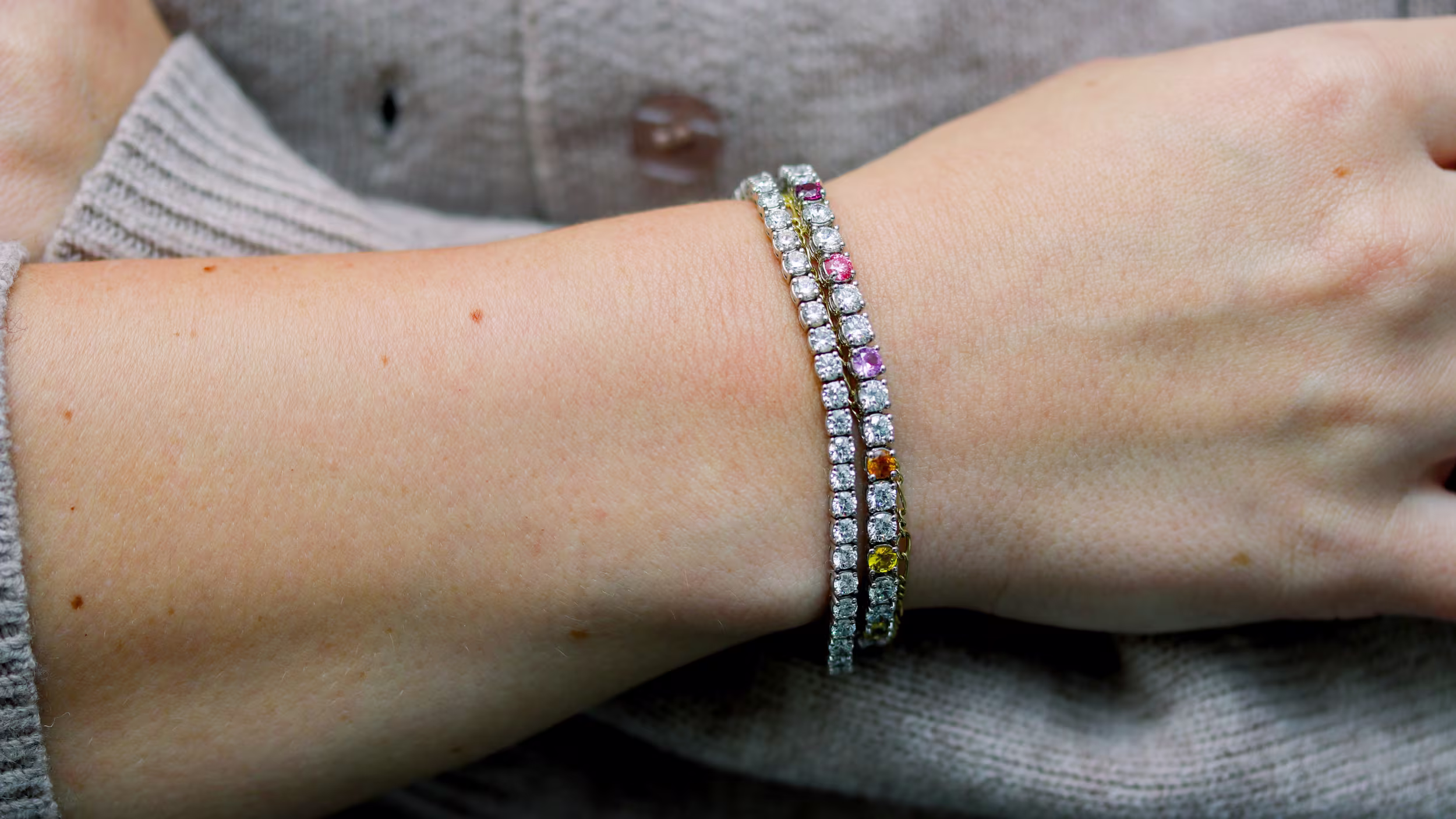 Colored lab diamond tennis bracelet with lab gemstones and lab diamonds