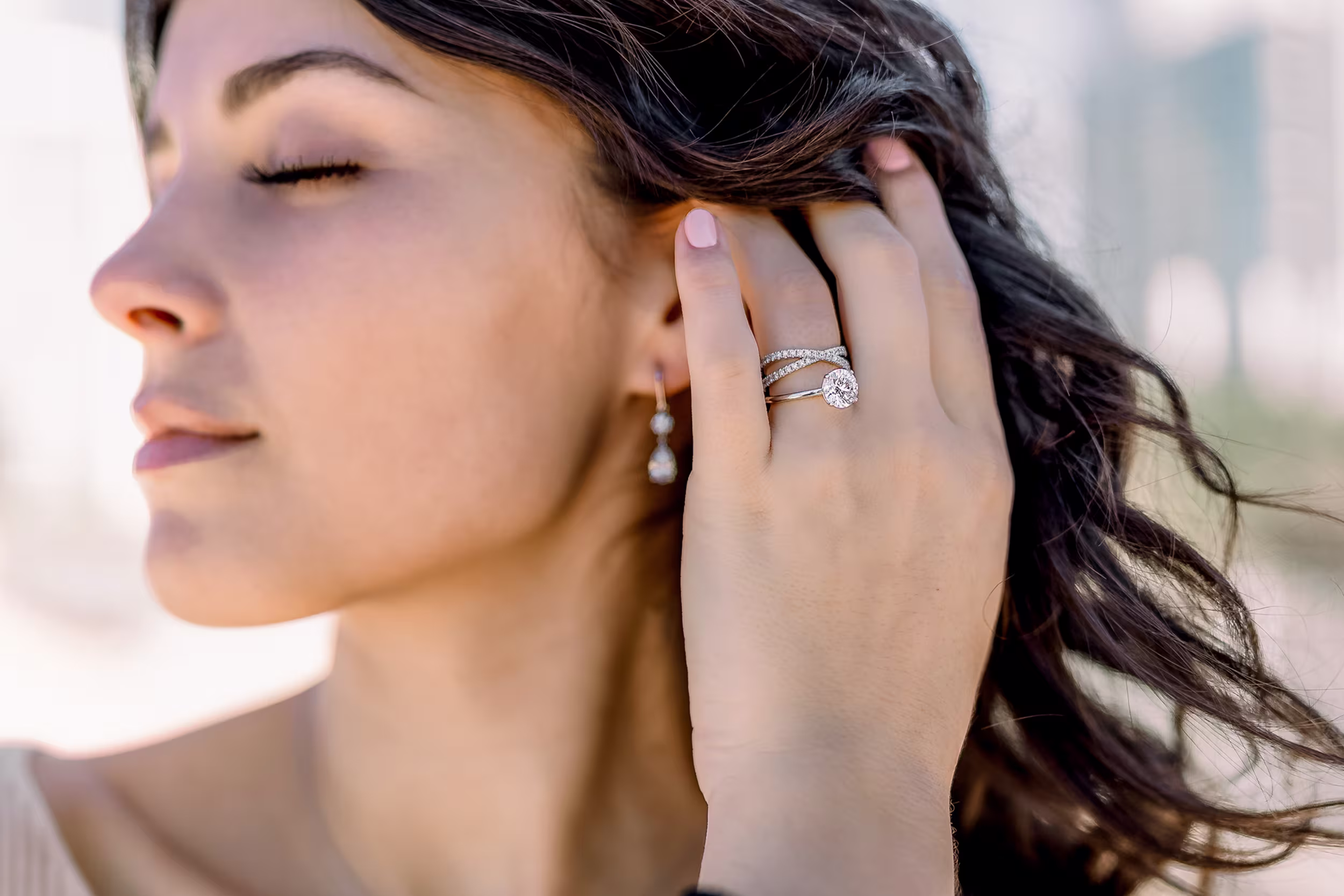 Round Solitaire Ring, X Wedding Band, V Necklace & Round Pear Drop Earrings