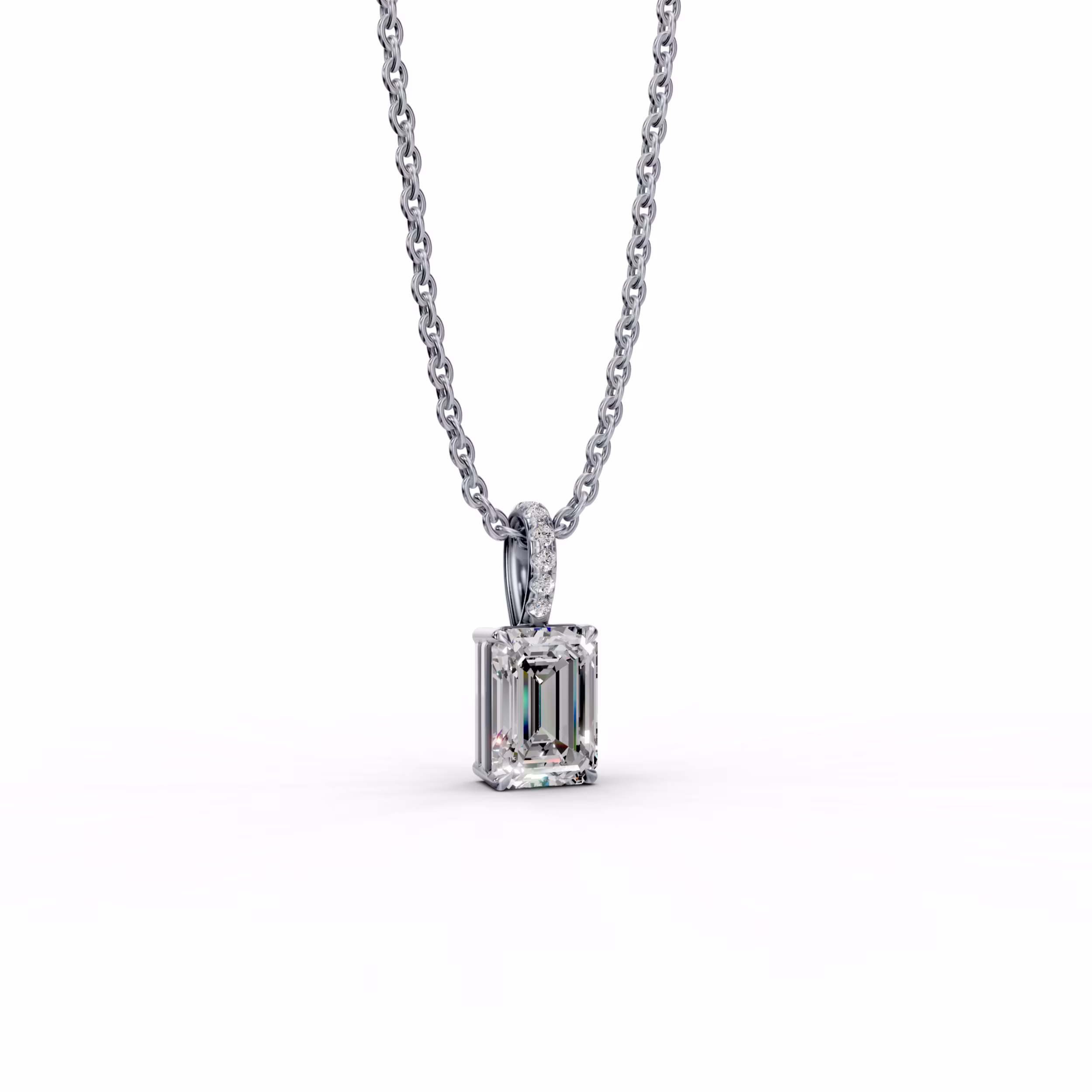 18kt White Gold Classic Emerald Pendant with Pave Bail featuring Hand Selected 1.55 Carat Diamonds (Side View)
