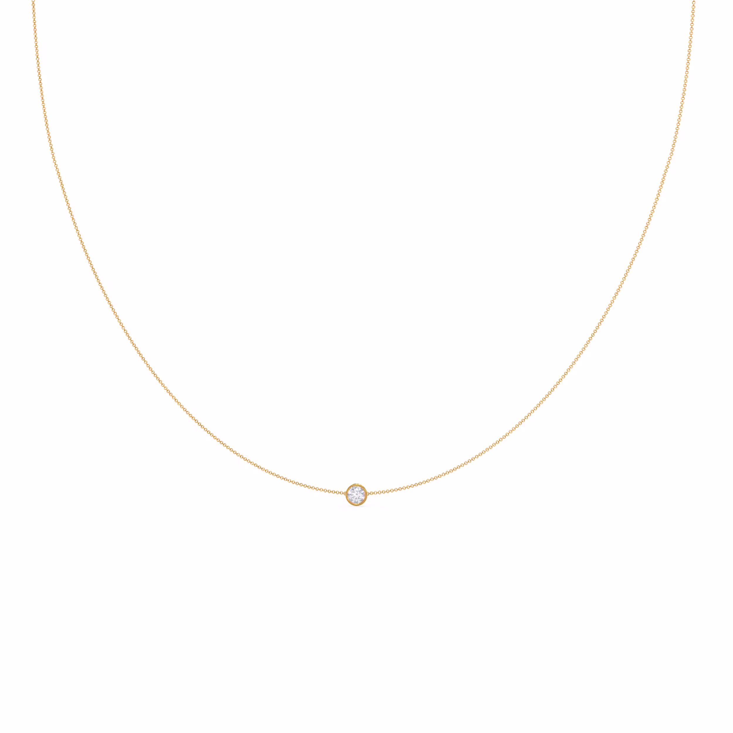 Yellow gold single bezel floating cosmopolitan necklace made with man made diamonds ADA Diamonds design number 039